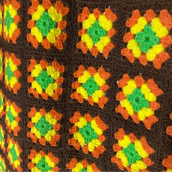 Vintage Handmade Brown Orange Yellow Green Crochet Granny Square Afghan Blanket - Picture 2 of 12